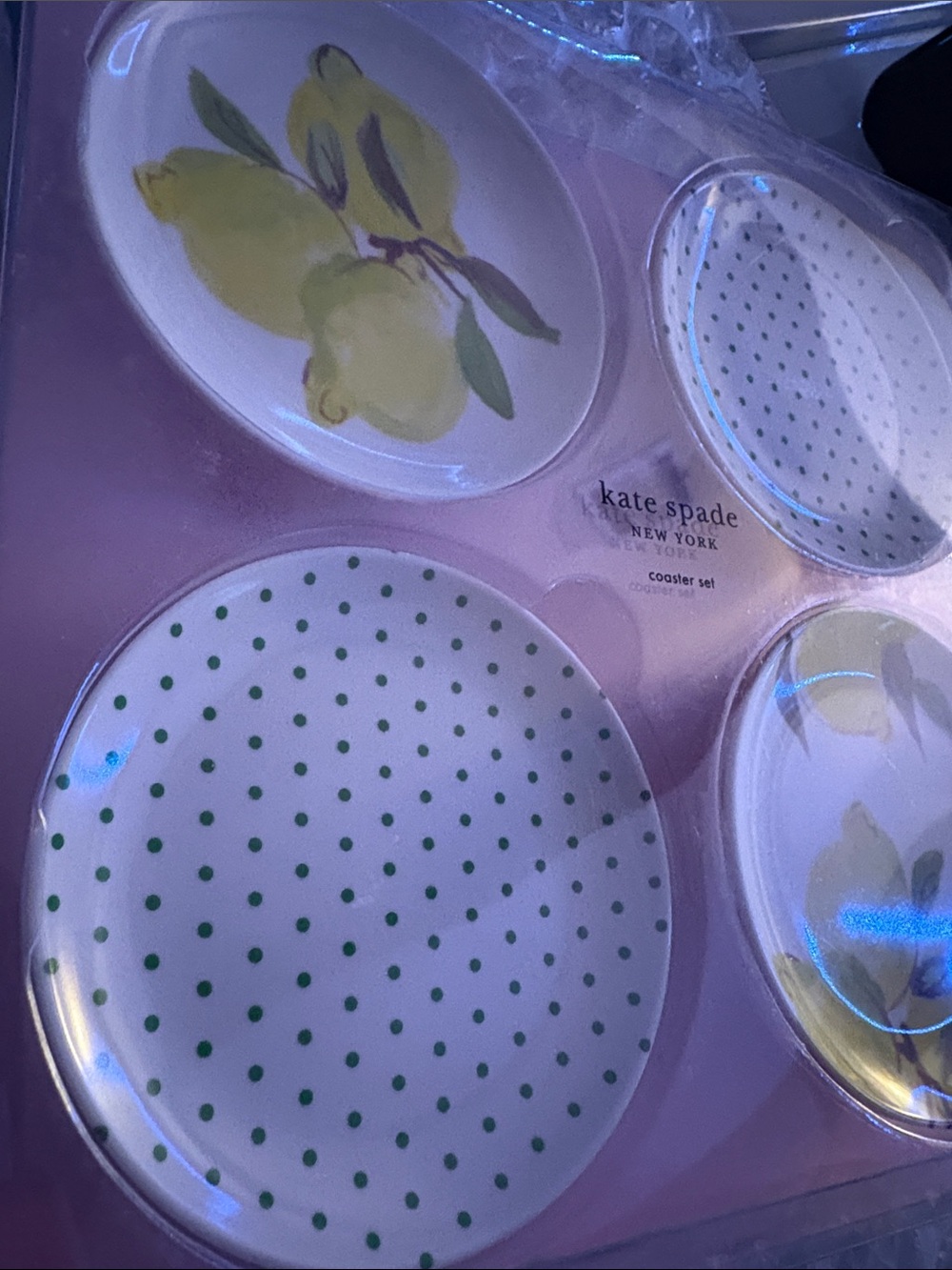 Kate Spade Yellow Lemon & Green Polka Dot Ceramic Coaster Set of 4 NIB - Picture 3 of 5